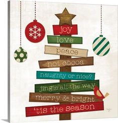 a christmas tree made out of wood with ornaments hanging from it's sides and the words joy love peace not cocoa