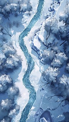 an aerial view of a river running through a snow covered forest with trees on either side