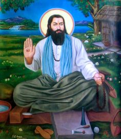 a painting of jesus sitting on a bench with his hands up in the air and surrounded by other items