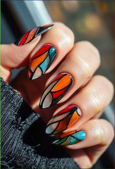 Green And Red Nail Art, Nails Inspiration Holiday, Stained Glass Manicure, Letters Nail Art, Stained Glass Nail Art Design, Bold Nails Designs, Stained Glass Nail Art Tutorial, Stained Glass Nails Designs, Stain Glass Window Nails