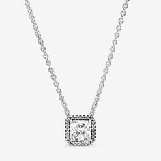 Elegance never goes out of style and this timeless collier necklace in sterling silver will serve you as a staple in your collection for years to come. The necklace set with a square clear cubic zirconia for a mesmerising sparkle effect. The chain necklace is adjustable to three different lengths, so that you can create the perfect styling to match your look. Wear it alone for evening events or to add statement sparkle to daytime looks. Available in-store and online. | Pandora Square Sparkle Hal Pandora Jewlery, Memorable Gift Ideas, Bone Tattoo, Simple Necklaces, Pandora Necklace, Halo Necklace, Square Necklace, Collar Bone Tattoo, Collar Bone