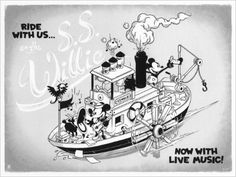 a black and white drawing of a boat with mickey mouses on it