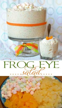 there is a frosted cake with marshmallows on top and the words frog eye salad below it