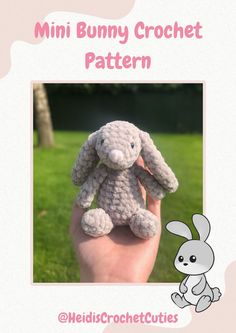 a small crocheted bunny sitting on top of a persons hand with the text mini bunny crochet pattern