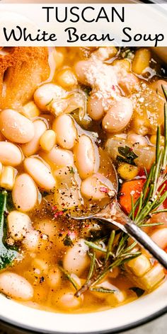 a white bean soup in a bowl with spoons