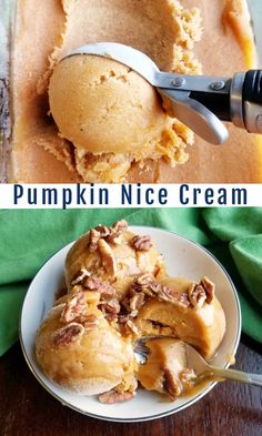 two pictures of pumpkin ice cream with spoons