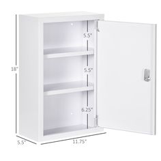 an open white cabinet with measurements for the door and shelves on each side is shown