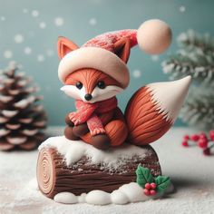 a figurine of a fox wearing a hat and scarf sitting on top of a log