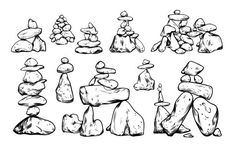 a set of rocks with different shapes and sizes, hand drawn in black ink on white paper