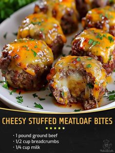 cheese stuffed meatloaf bites on a white plate