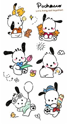 some cute little cartoon animals on a white background with the words poohies written in black