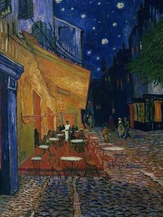 a painting of an outdoor cafe at night