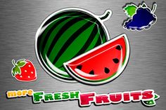 a metal background with fruit stickers on it