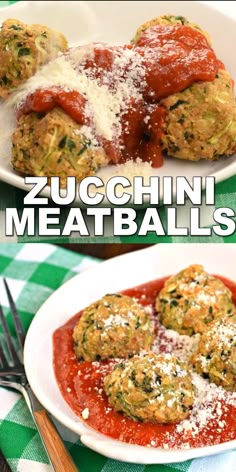 zucchini meatballs on a plate with sauce and parmesan cheese over them