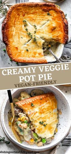 creamy veggie pot pie in a white dish