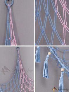 three pictures of blue and pink macrame with tassels hanging from it