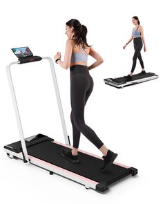 a woman is running on a treadmill and using her laptop computer to monitor the exercise