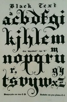 an old fashioned type of calligraphy in black and white with the letters below it