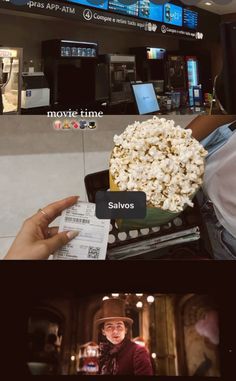 two pictures with the same person holding popcorn in their hand, and one has a movie time ticket