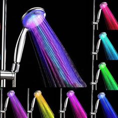 multicolored shower faucet with spray head and hand held sprinkler