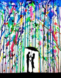 two people standing under an umbrella in the rain with colorful paint splatters all over them