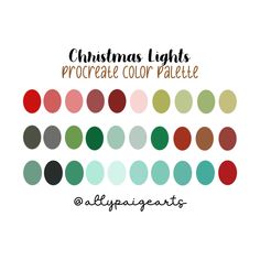 the christmas lights procreate color palette is shown in various colors and sizes, including red