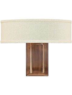 a wall lamp with a white shade on it's side and a wooden frame