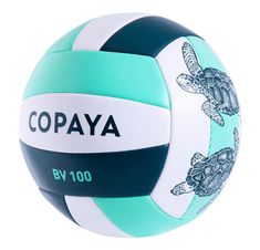 a blue and white volleyball ball with sea turtles on it's side that says copaya bv 100