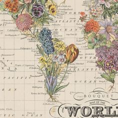 an old world map with colorful flowers on the top and bottom corner, as well as words below