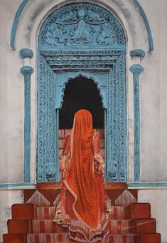 a painting of a woman in an orange dress walking up some steps to a blue door