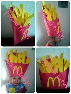 a child wearing a mcdonald's hat made out of paper and some other things