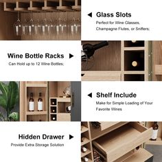 the wine rack is open and labeled with different bottles, glasses, and other items