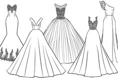 three dresses are shown in black and white, with one dress on the left side