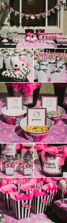 pink and black dessert table set up with cupcakes