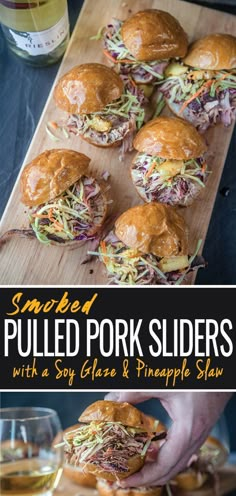 pulled pork sliders with a soy glaze and pineapple slaw on a cutting board