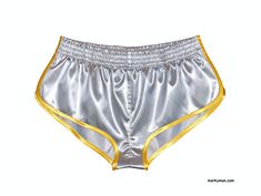 NEW cut - extra short 2.0 This tight fitting extra short and high gloss shiny,  smooth and slippery racer shorts is made of a wet look  amazing silver satin that shimmering wonderfully. The glossy sport shorts is trimmed with yellow shiny satin ribbon. Inside the sportshorts is made with flat-fell seams and the sides are high slotted. The elastic waistband has the typical vintage four row stitching. The size is S - SMALL waist unstretched: 65 cm waist stretchable until 94 cm  Material: hot slipp Stretch Shiny Short Bottoms, Metallic Shiny Stretch Shorts, Short Satin, Satin Shorts, New Cut, Wet Look, Polyester Satin, Shirt And Pants, Shiny Silver