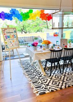 a room with a table, chairs and a sign in the middle that says welcome to family