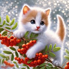 a kitten sitting on top of a branch with berries