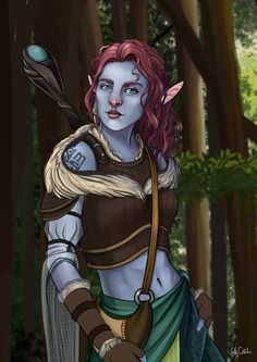 a woman with red hair and blue eyes standing in the woods holding an arrow,