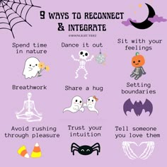 9 Halloween themed characters/icons with 9 short reconnection and integration tips written above it. On a lavender purple background. Halloween Wellness Ideas, September Mental Health, October Mental Health, Halloween Mental Health, Infusion Therapy, Reconnect With Yourself, Relaxation Tips, Iv Infusion, Love Meditation