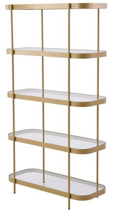 the shelf is gold and has three shelves with glass shelves on each side, along with two