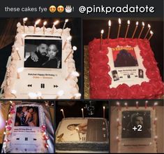 several pictures of cakes with candles on them and one has an image of two people