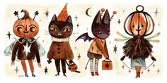 three cats dressed up in halloween costumes and holding pumpkins, one wearing a witch hat