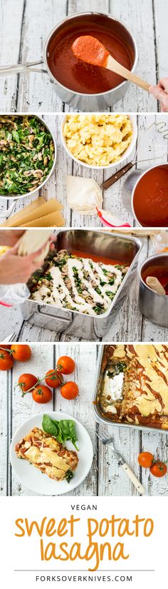 several different types of food in pans on a wooden table with text overlay that reads vegan sweet potato lasagna