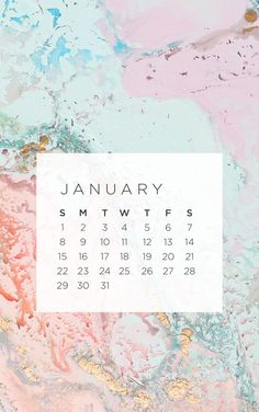 an image of a calendar on a marble surface with pink, blue and green colors