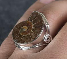 Natural Ammonite Fossil Shell Sterling Silver Ring light weight sterling silver 1 inch face Ammonite Ring, Prehistoric Jewelry, Sterling Silver Ring, Shell Jewellery, Ammonite Jewelry, Fossil Ring, Fantasy Earrings, Fossil Jewelry, Bone Jewelry