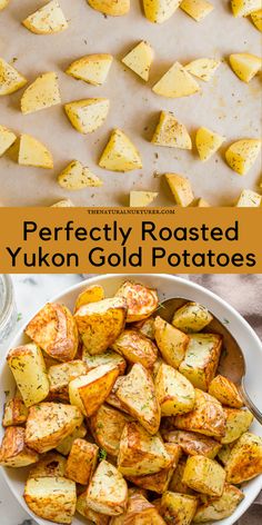 perfectly roasted yukon gold potatoes in a white bowl on a baking sheet with text overlay