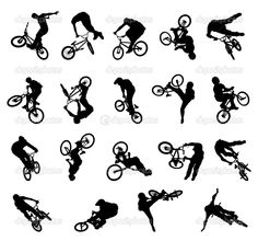 the silhouettes of people riding bicycles and skateboards in different positions, all on one bike