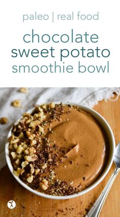 chocolate sweet potato smoothie bowl with walnuts on top and text overlay reading pale real food chocolate sweet potato smoothie bowl