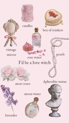 a pink poster with different items on it